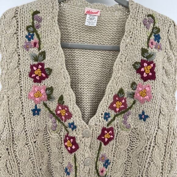 VTG Haband Cardigan Cable Knit Sweater Vest Womens M Floral Embroidered Cottage - Picture 2 of 6